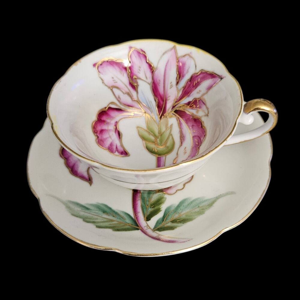 Royal Sealy Japan Hand Painted Purple Lily Teacup & Saucer Gold Trim Vintage